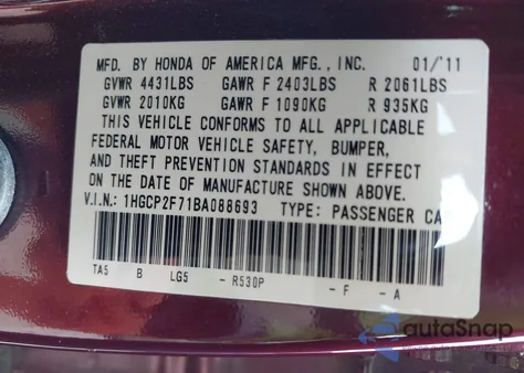 2011 Honda Accord 2.4 Ex from USA, damaged, VIN 1HGCP2F71BA088693